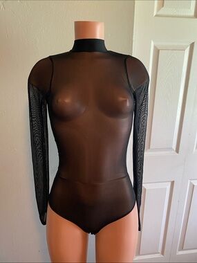Black Sheer Mock Neck Long-Sleeve Bodysuit